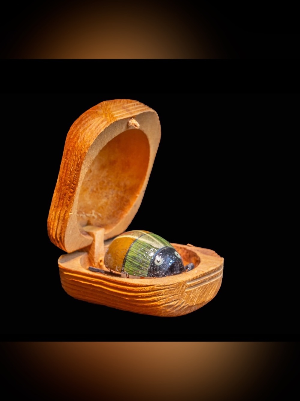 Vintage Hand-Carved Wooden Trinket Box with Colorful Scarab